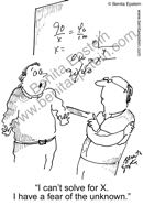 funny college cartoons university higher education research math mathematics equation theory blackboard professor teacher solve for X fear of the unknown solving algebra differential equations student campus cartoon 1323